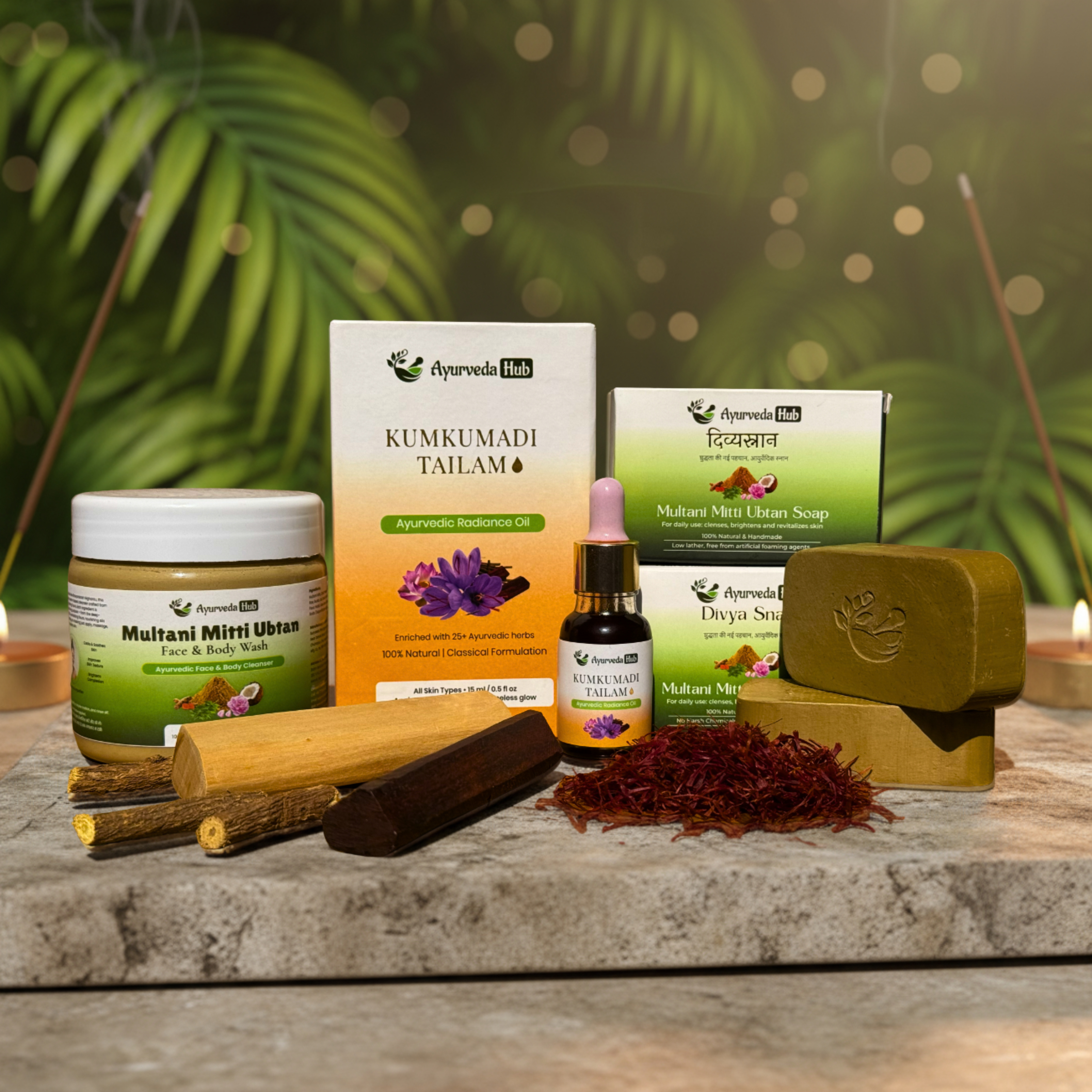 Skincare Combo - Kumkumadi Tailam 15ml + 1 Multani Mitti Ubtan 200gm + 2 Soaps 100gm Each