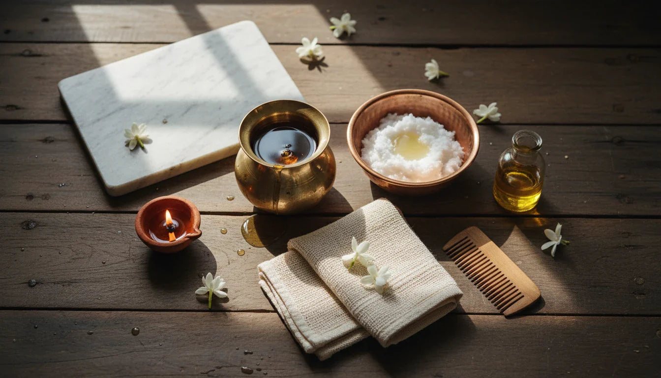 Abhyanga self-massage oils and brass bowl with Indian Ayurvedic setup on wood