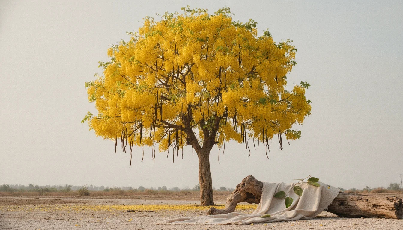 An aragvadha (amaltas) tree in golden flower with long dark pods hanging below: the plant of Charaka's Kalpa Sthana 8
