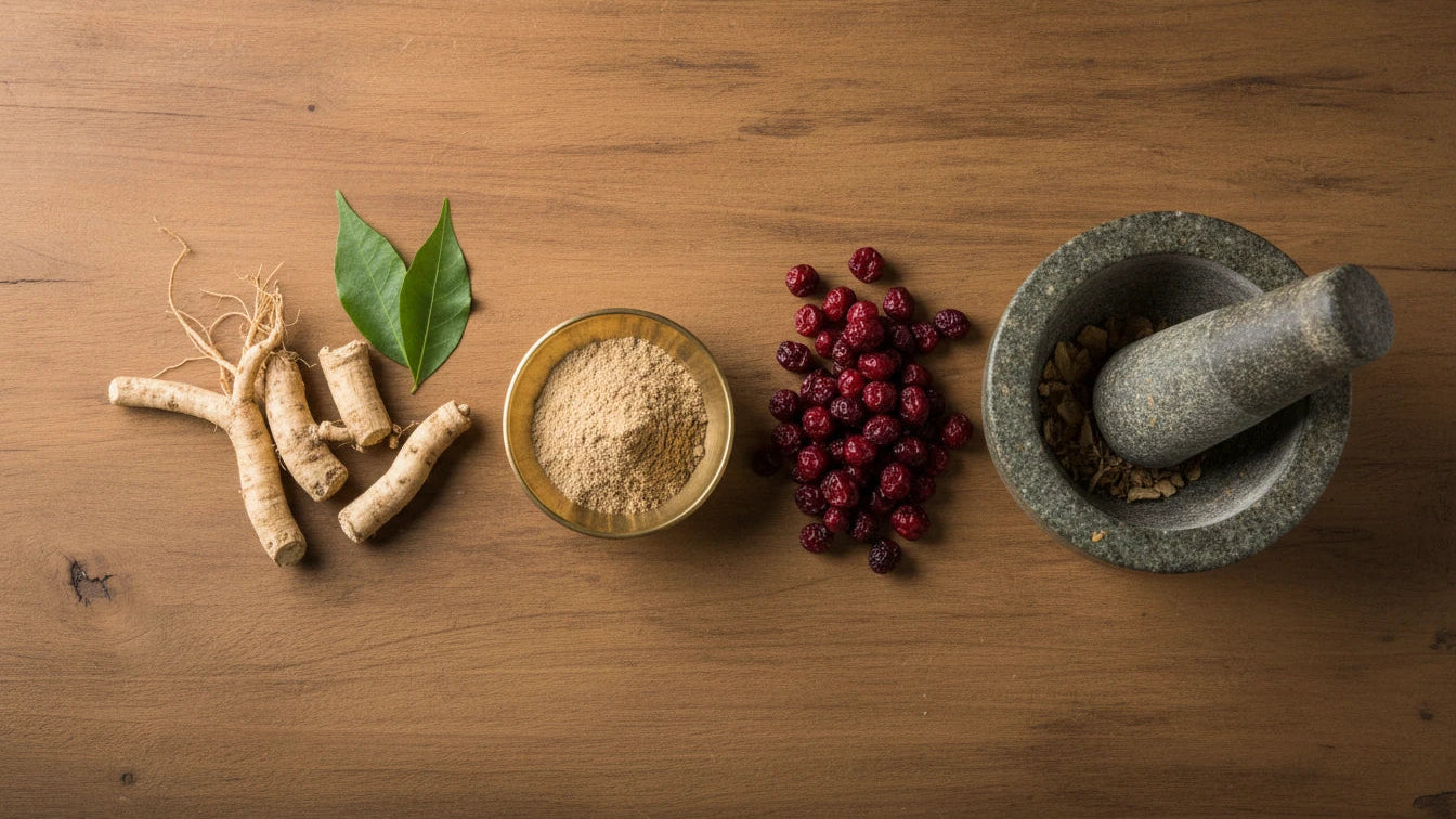 Ashwagandha root powder and plant for Ayurvedic wellness