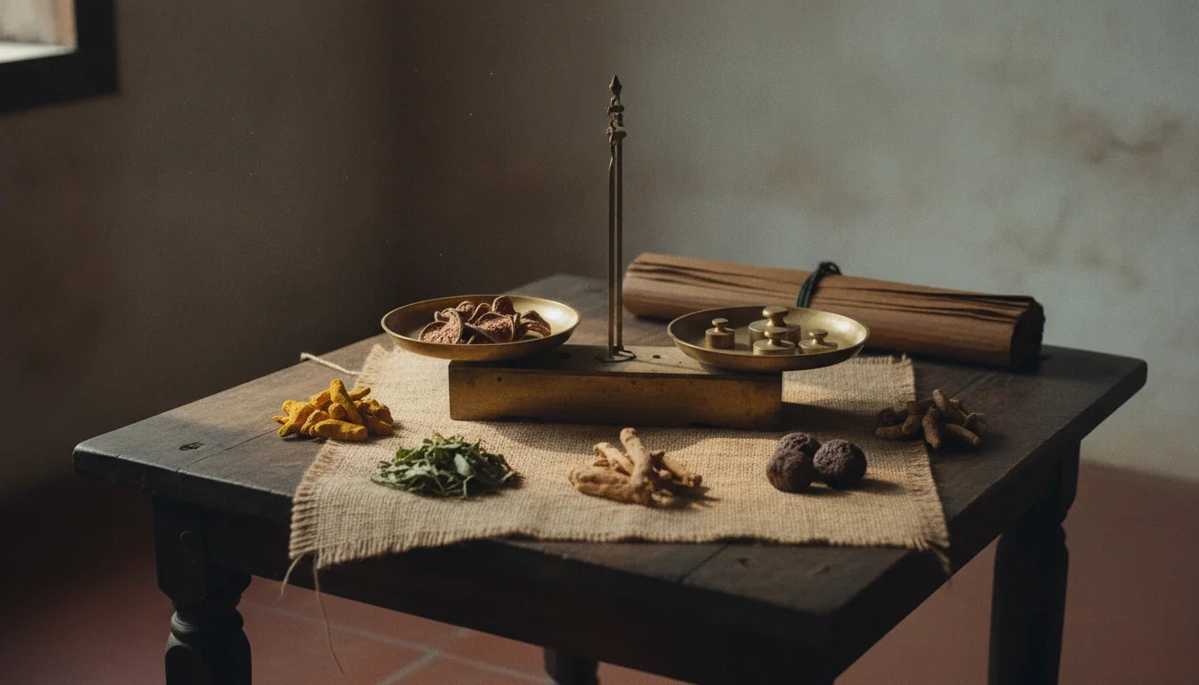 Brass balance scale with dried amla and Ayurvedic herbs on jute, illustrating Ayurveda industry statistics for India 2026