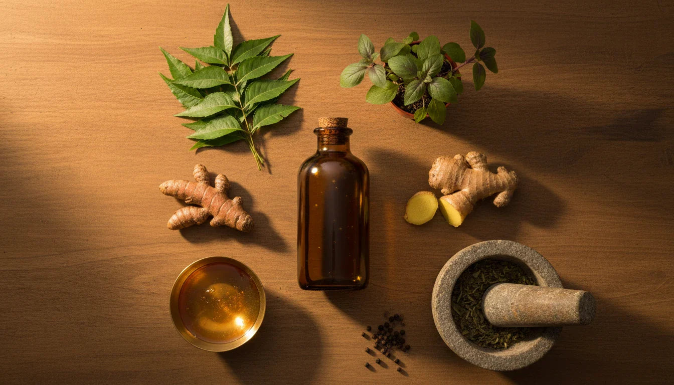 Ayurvedic allergy remedies with natural herbs turmeric neem tulsi and healing oil