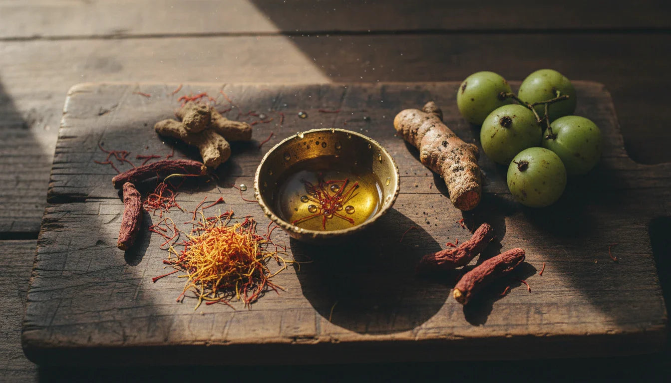 Ayurvedic anti-aging ingredients including Kumkumadi oil, saffron, turmeric, and amla on wooden surface