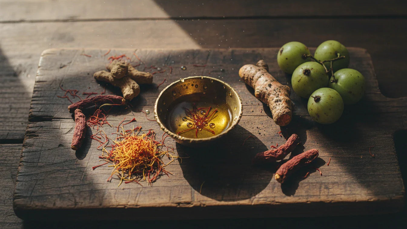 Ayurvedic anti-aging ingredients including Kumkumadi oil, saffron, turmeric, and amla on wooden surface