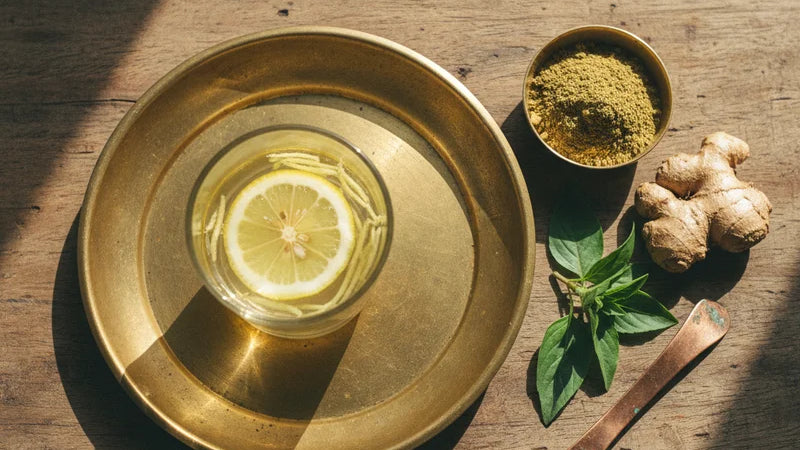 ayurvedic detox at home morning setup with brass thali lemon ginger water and herbs