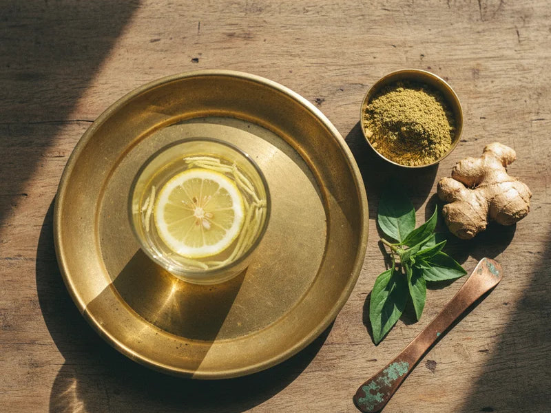 ayurvedic detox at home morning setup with brass thali lemon ginger water and herbs