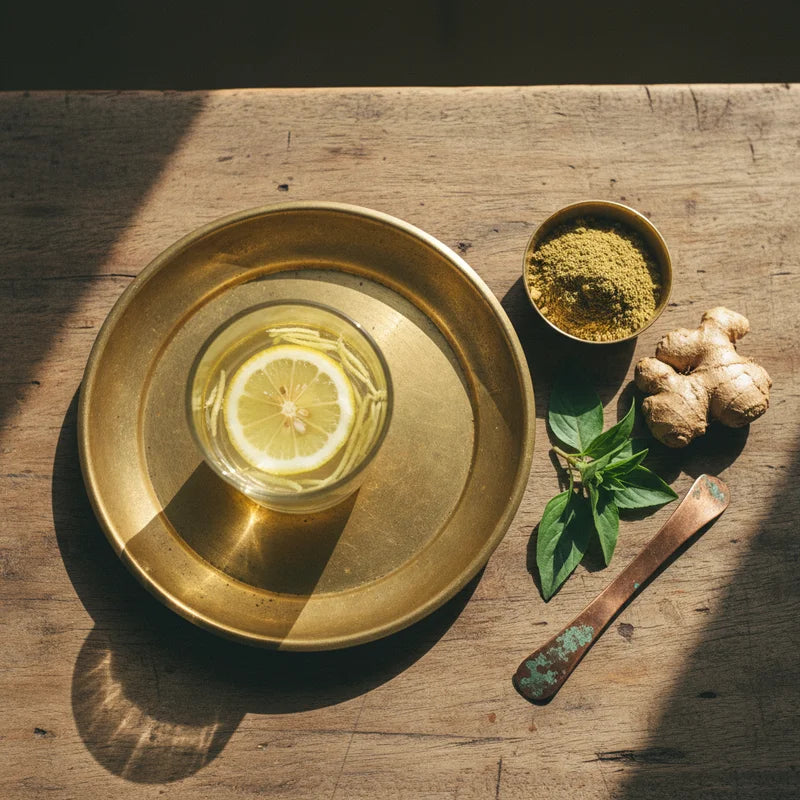 ayurvedic detox at home morning setup with brass thali lemon ginger water and herbs