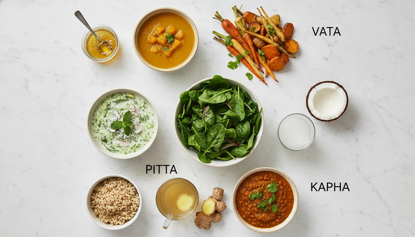 Ayurvedic diet plan foods organized by Vata Pitta Kapha dosha