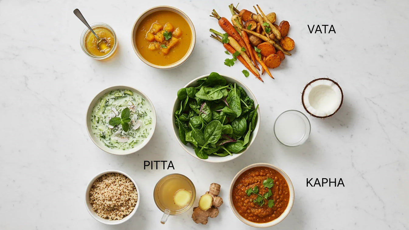 Ayurvedic diet plan foods organized by Vata Pitta Kapha dosha