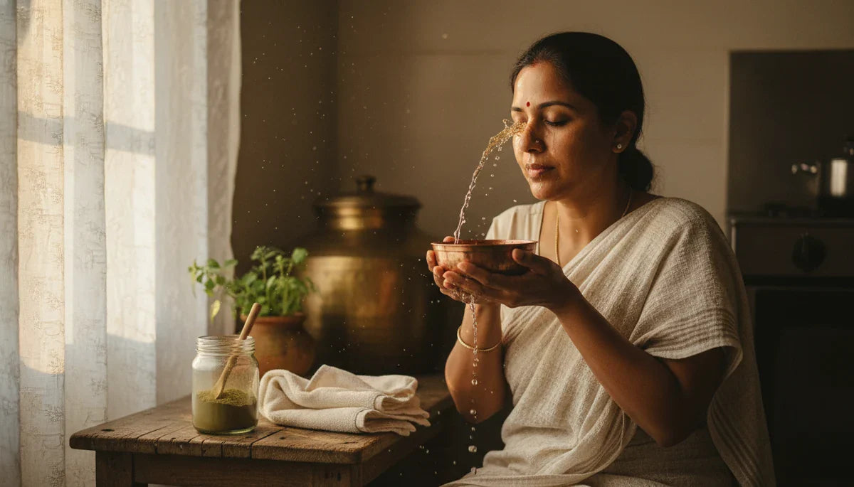 Indian woman performing morning Triphala eye wash with copper bowl