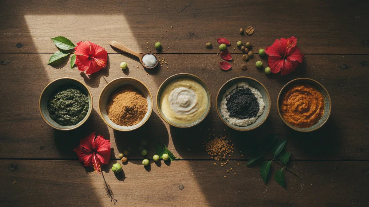 Seven Ayurvedic hair mask recipes in ceramic bowls with fresh herbs on a wooden table