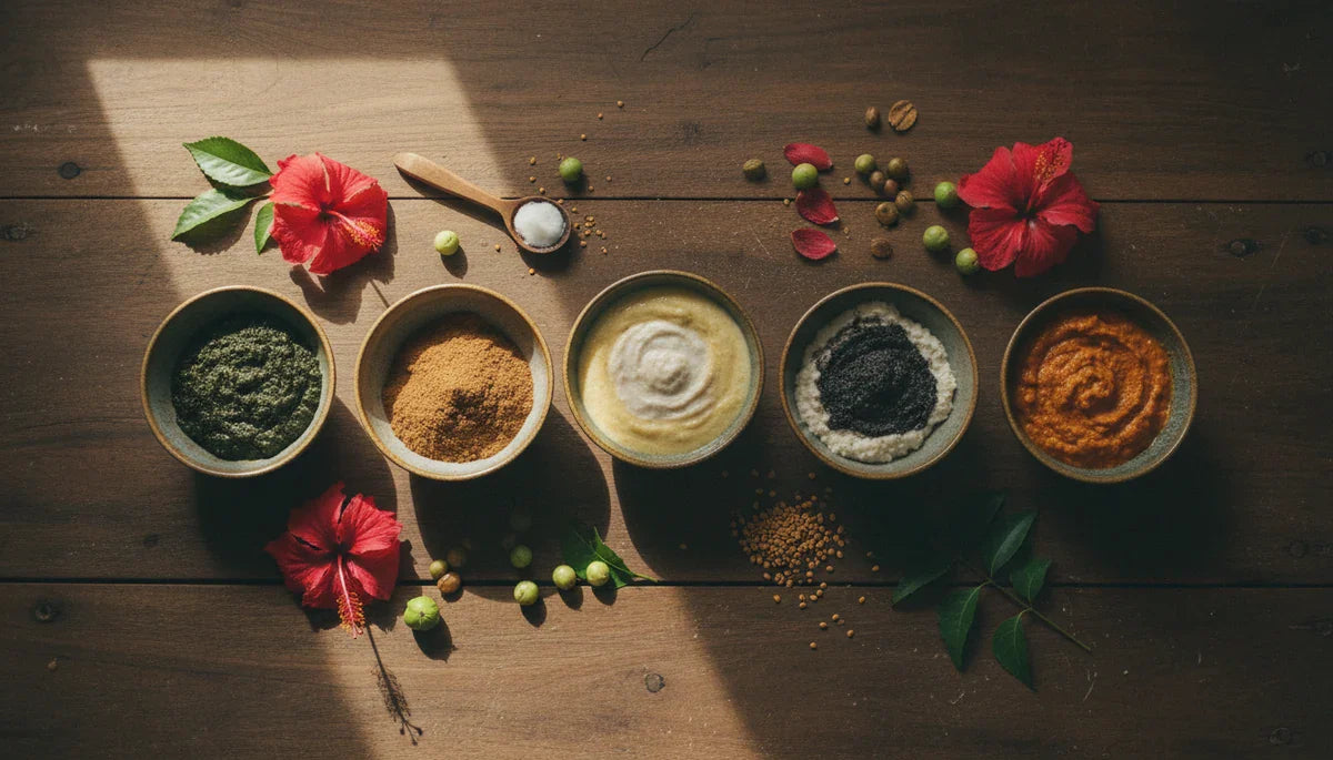 Seven Ayurvedic hair mask recipes in ceramic bowls with fresh herbs on a wooden table