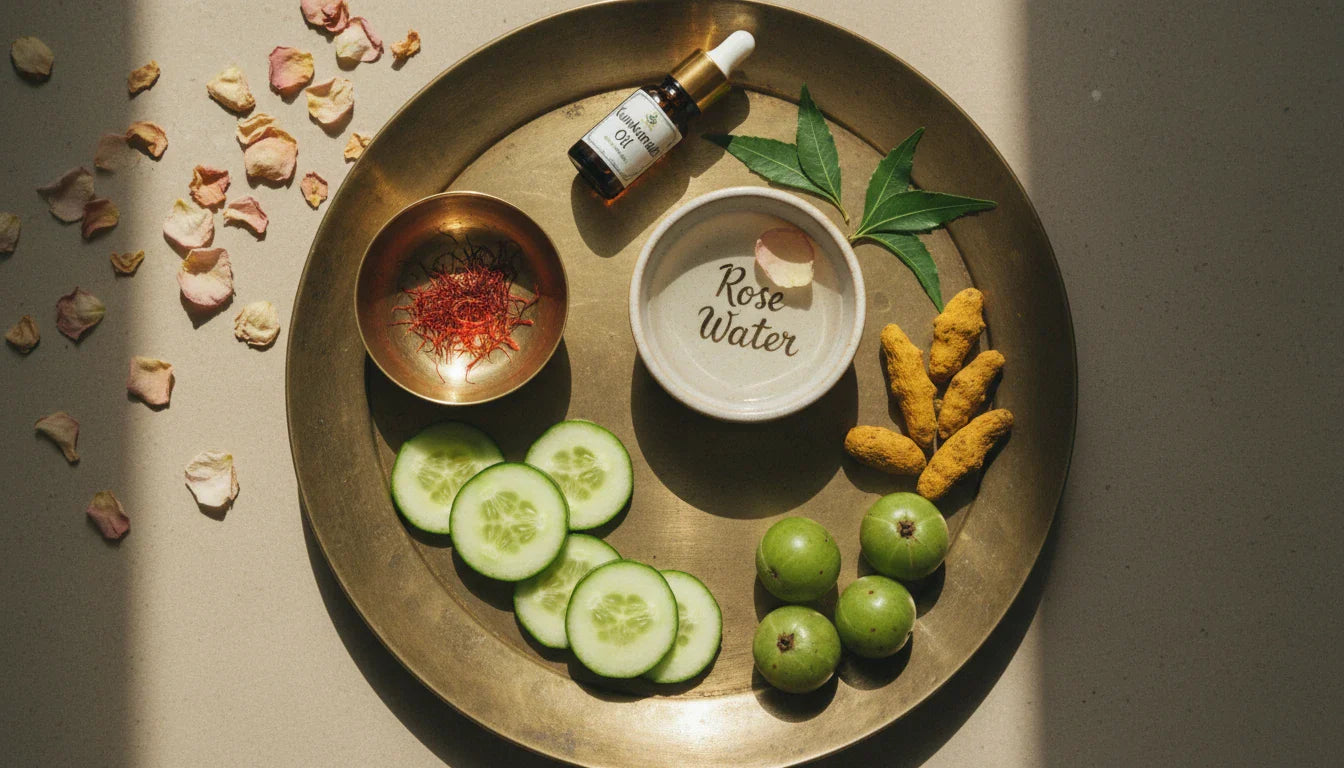 Ayurvedic herbs and ingredients for dark circle remedies including saffron kumkumadi oil amla and rose water