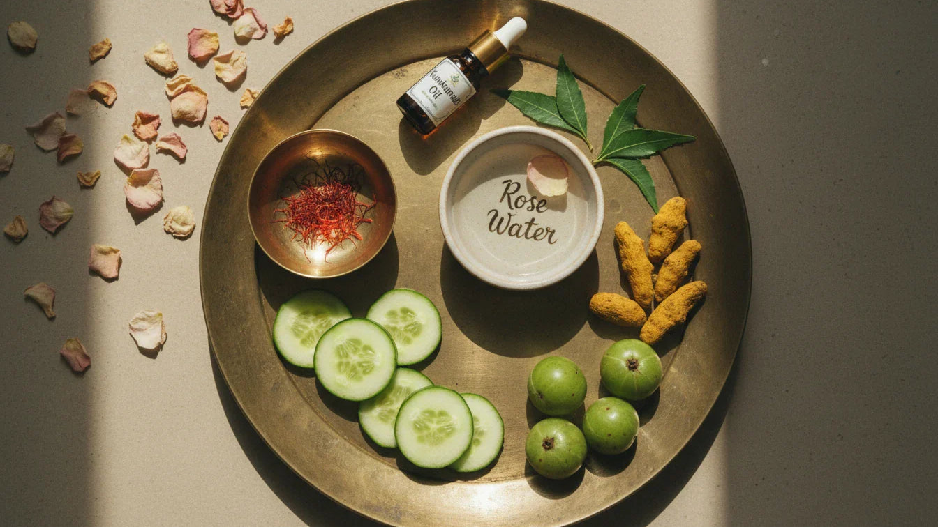 Ayurvedic herbs and ingredients for dark circle remedies including saffron kumkumadi oil amla and rose water