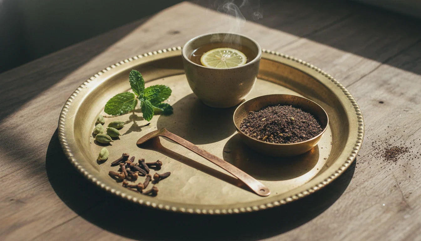 Ayurvedic oral care tools for bad breath remedy - copper tongue scraper, herbal tooth powder, clove
