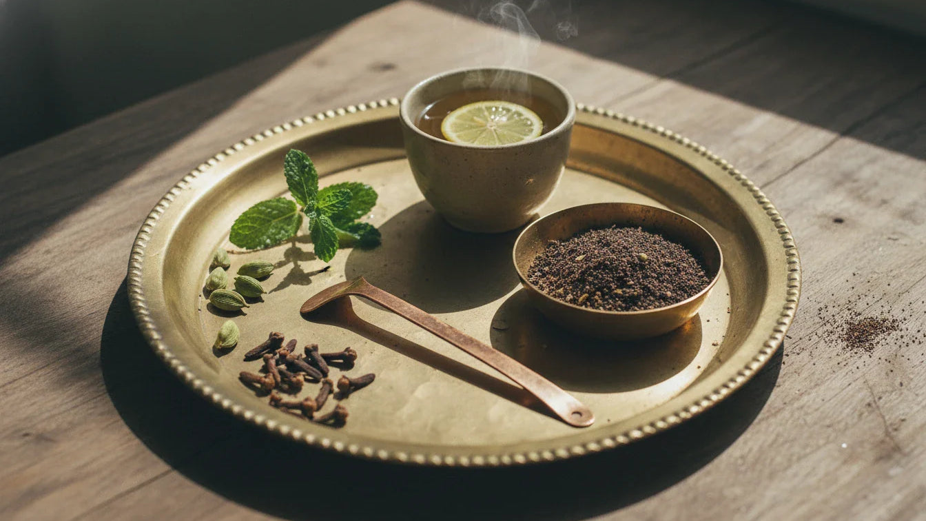 Ayurvedic oral care tools for bad breath remedy - copper tongue scraper, herbal tooth powder, clove