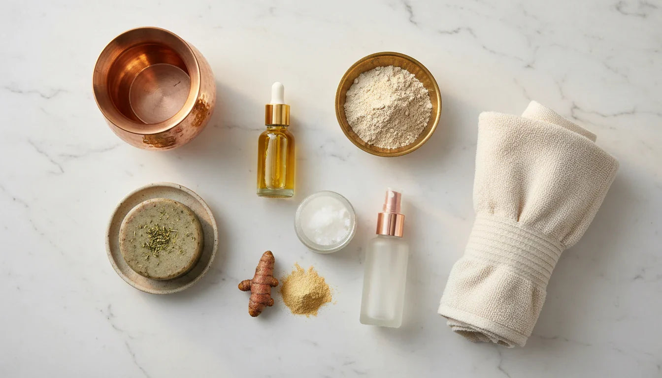 Complete Ayurvedic skincare routine products for Indian skin - oils herbs cleansers