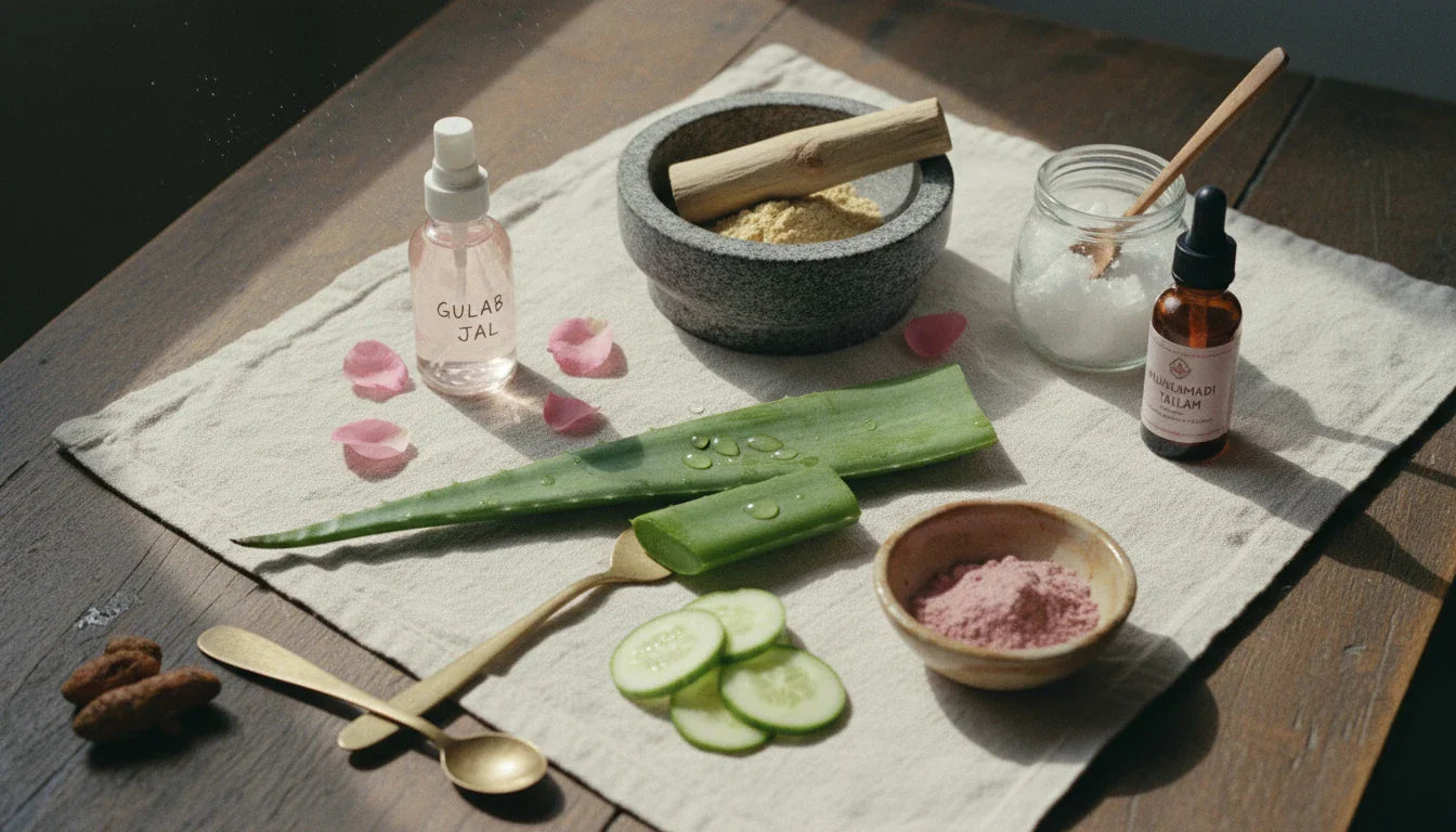 Ayurvedic sunburn remedies still life - aloe vera rose water sandalwood multani mitti coconut oil