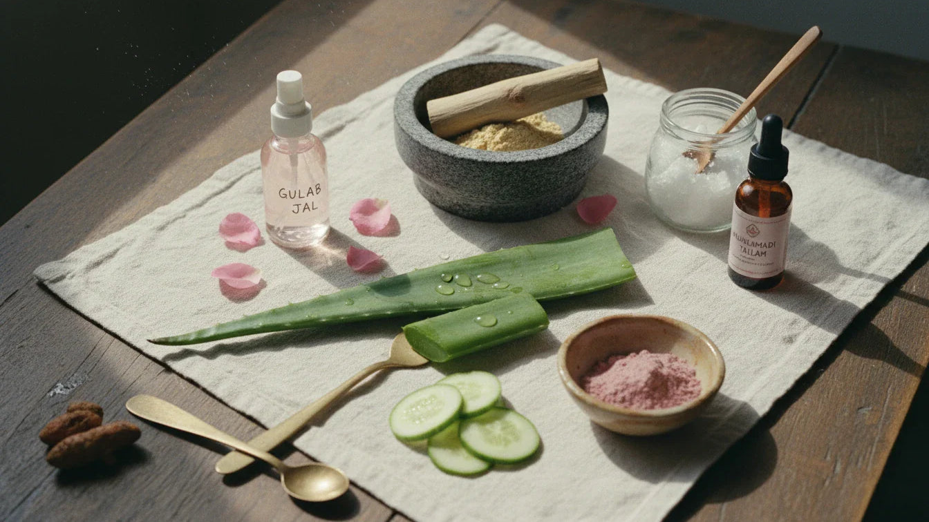 Ayurvedic sunburn remedies still life - aloe vera rose water sandalwood multani mitti coconut oil