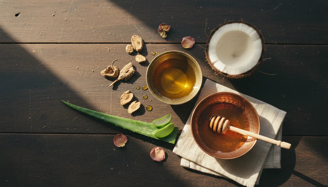 Ayurvedic dry skin treatment ingredients - sesame oil, coconut, honey, aloe vera and shatavari on wooden surface