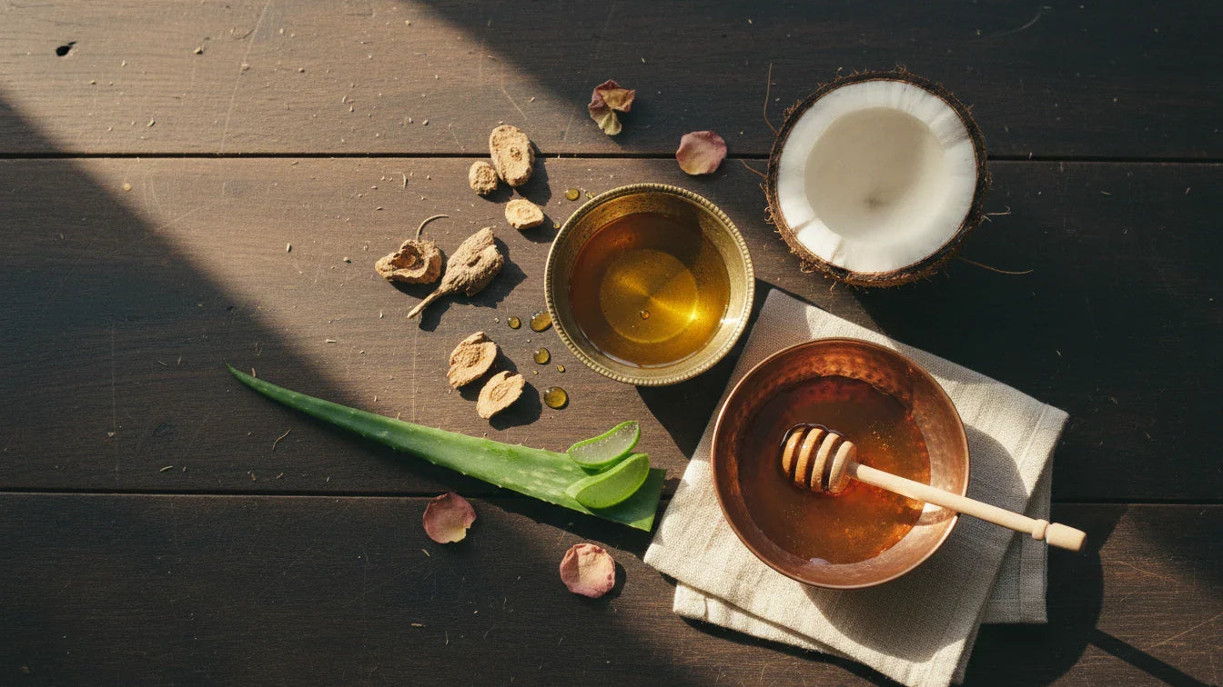 Ayurvedic dry skin treatment ingredients - sesame oil, coconut, honey, aloe vera and shatavari on wooden surface