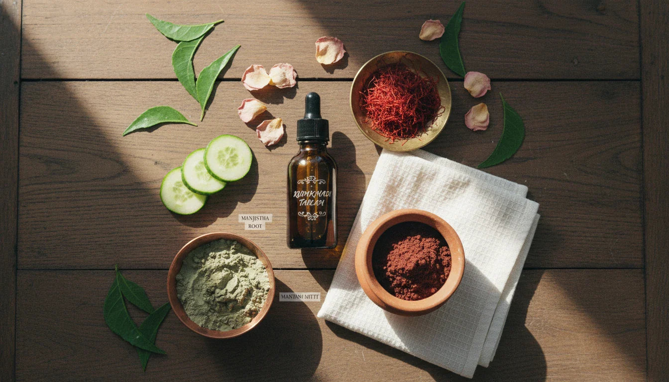 Ayurvedic treatment for pigmentation flat lay with Kumkumadi, saffron, Manjistha and rose petals