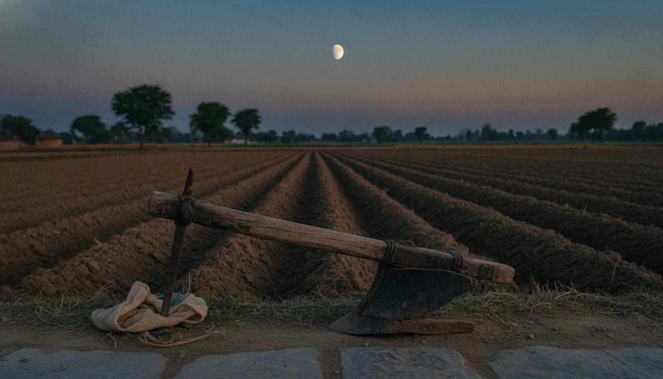 Bhagandara Chikitsa, Sushruta Samhita Chikitsa Sthana 8: an old wooden plough at a field's edge under a moon past half