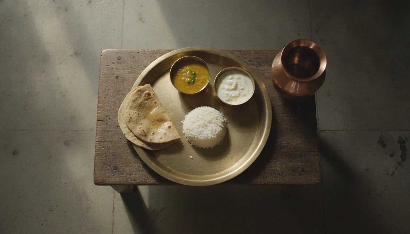 Bhojana vidhi in the Bhavaprakasha: a brass thali with rotis, rice, dal and curd, and a copper water pot beside it