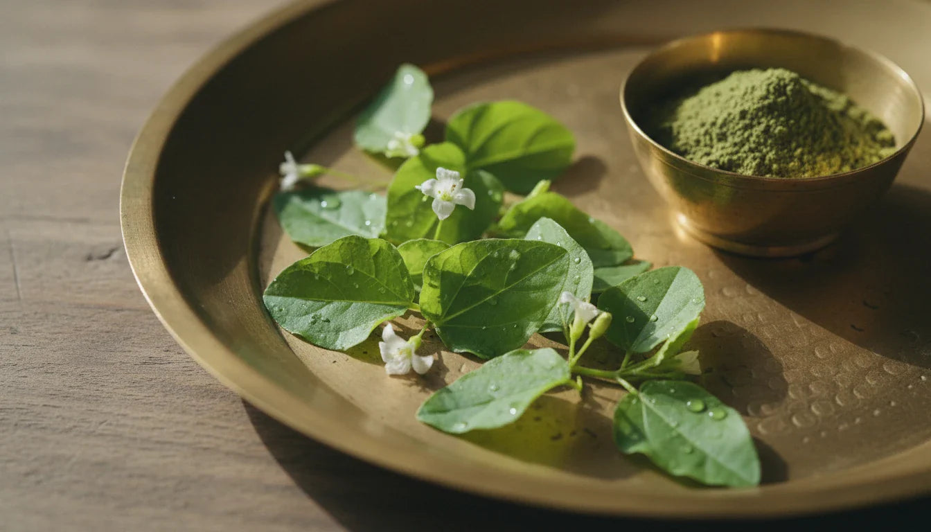 Fresh Brahmi Bacopa monnieri leaves and powder on brass plate - brahmi benefits