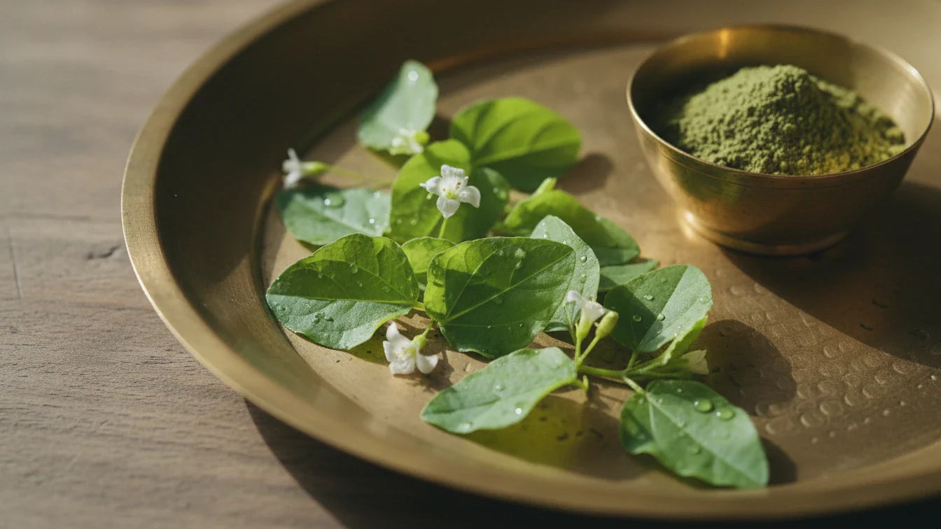Fresh Brahmi Bacopa monnieri leaves and powder on brass plate - brahmi benefits
