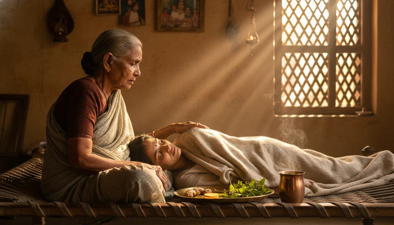Indian grandmother caring for woman with fever in traditional home with tulsi and ginger remedies on side