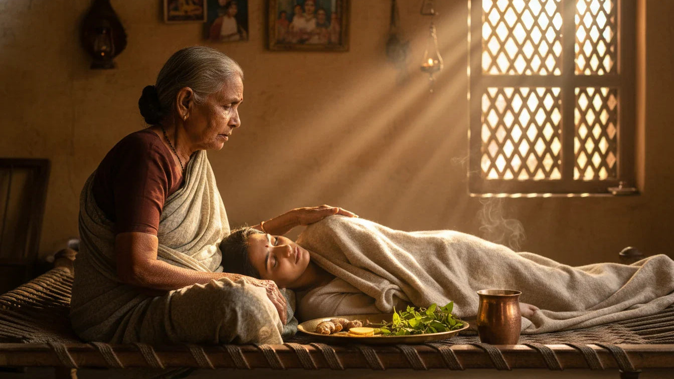 Indian grandmother caring for woman with fever in traditional home with tulsi and ginger remedies on side