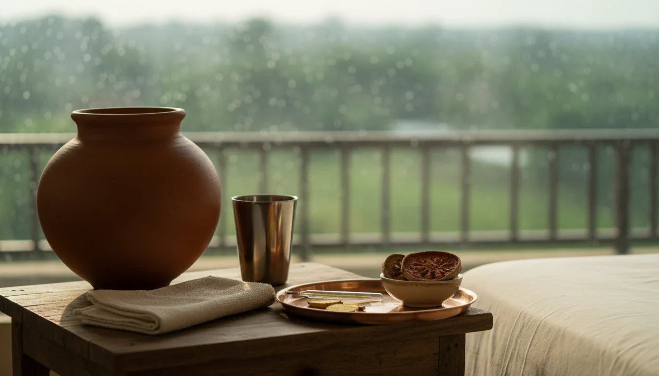 Indian bedside table with clay water pot, ginger slices and dried bael fruit for fever with loose motions home care