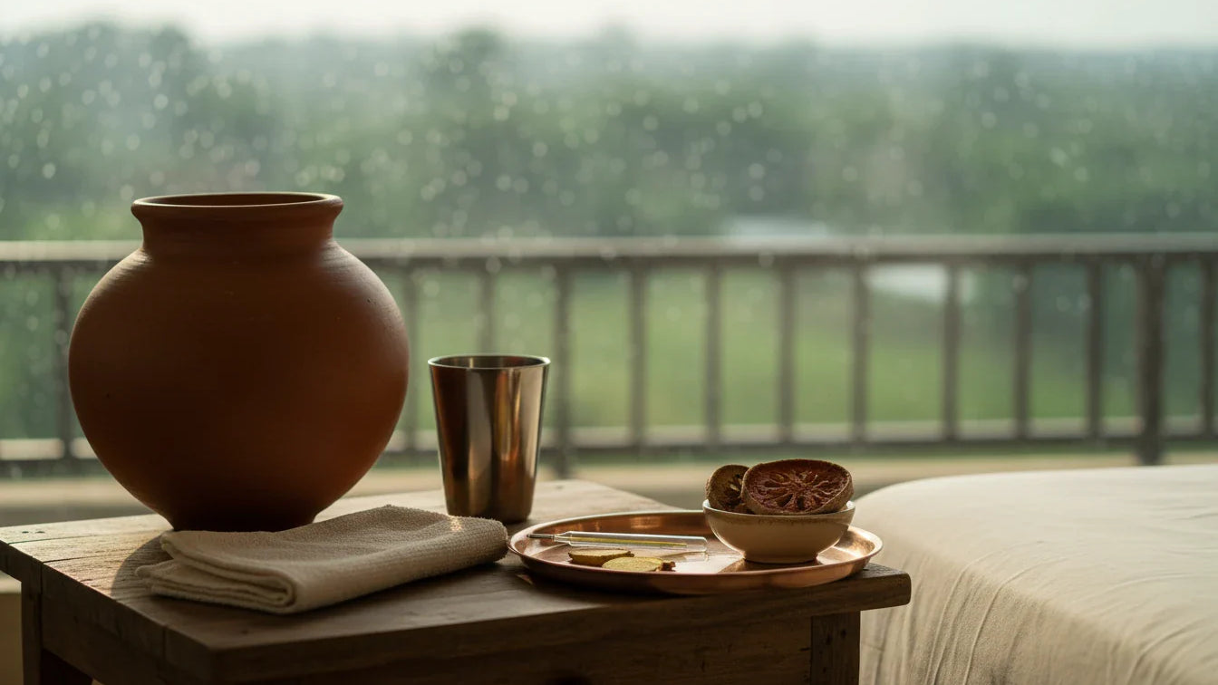 Indian bedside table with clay water pot, ginger slices and dried bael fruit for fever with loose motions home care