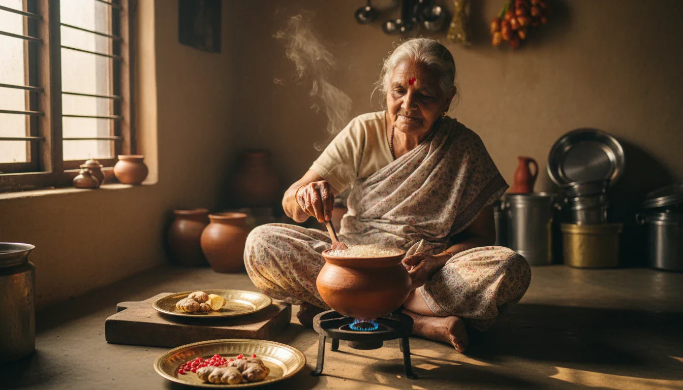 Indian grandmother preparing kutaja decoction in clay pot for loose motion, ginger and pomegranate beside