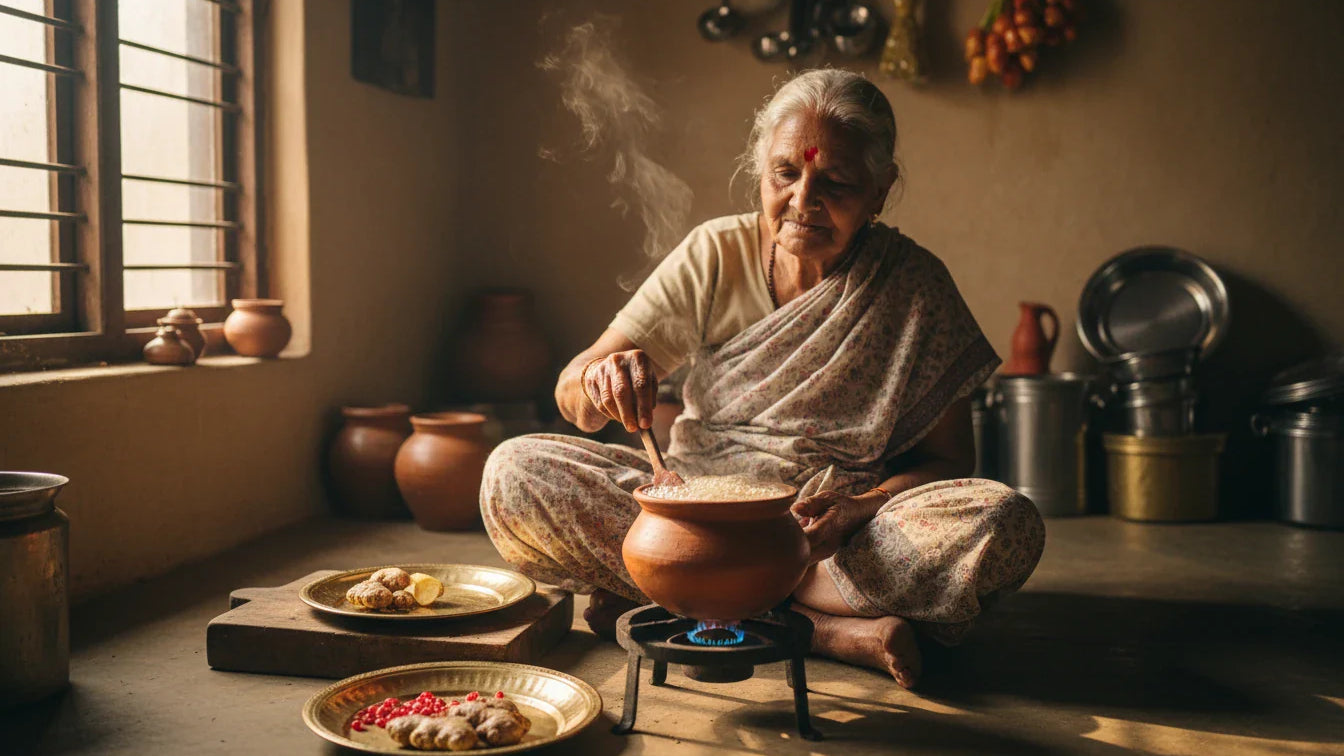 Indian grandmother preparing kutaja decoction in clay pot for loose motion, ginger and pomegranate beside