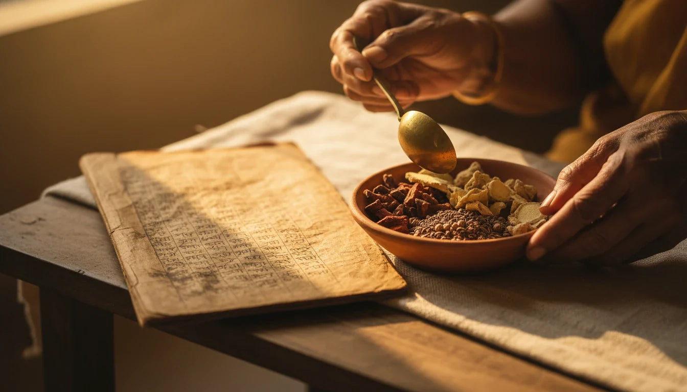 Vaidya hands with chitrak root pieces and brass spoon beside open Sanskrit manuscript on wooden table