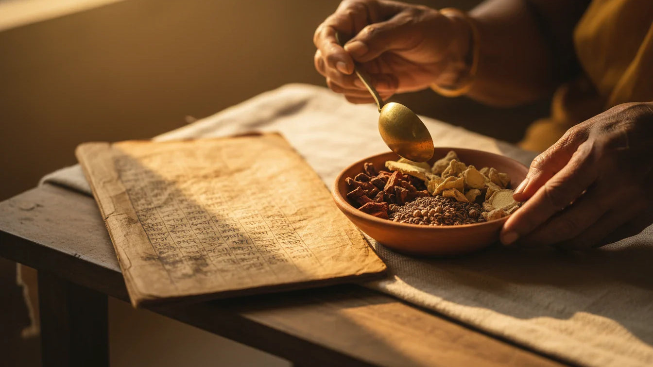 Vaidya hands with chitrak root pieces and brass spoon beside open Sanskrit manuscript on wooden table