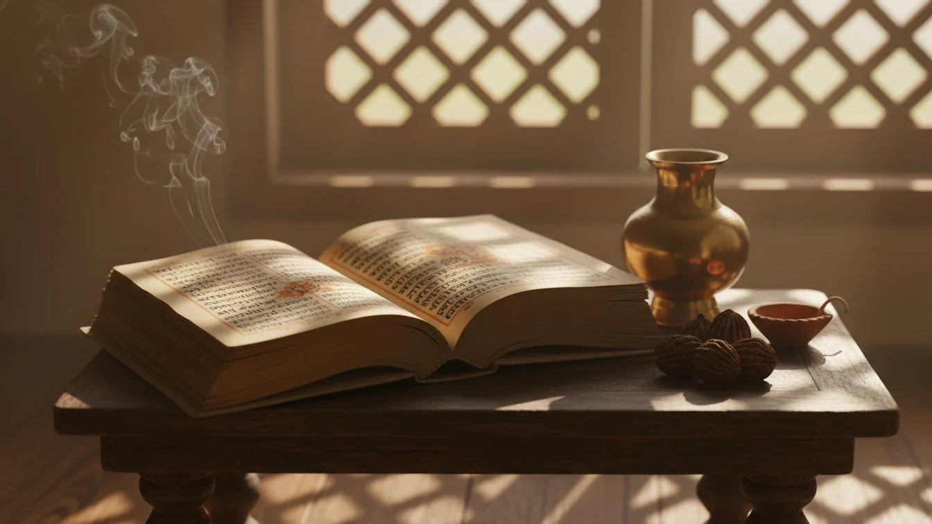 Open Devanagari Ayurvedic manuscript with brass kalash, haritaki fruits and clay diya in warm window light