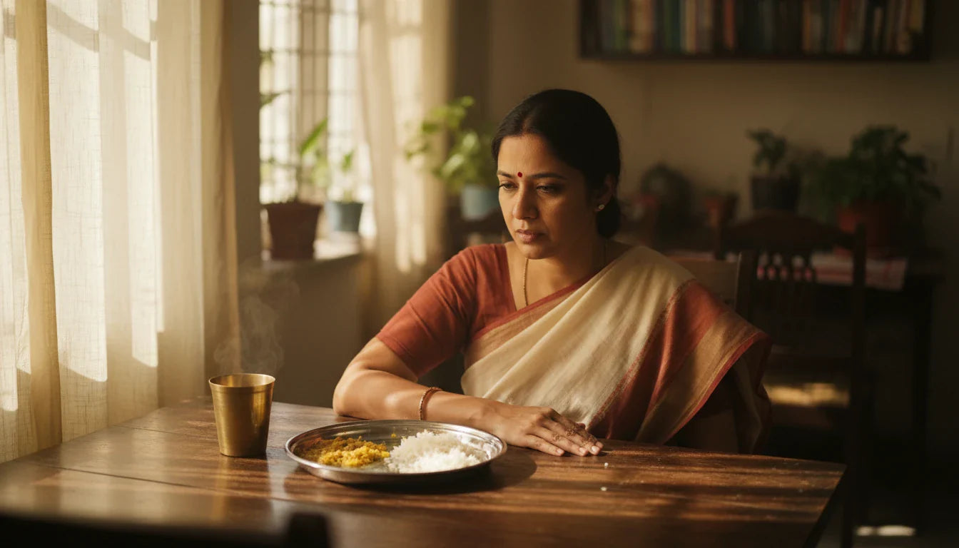 Woman feeling heavy after meal at dining table in Indian home, signs of agnimandya weak digestion