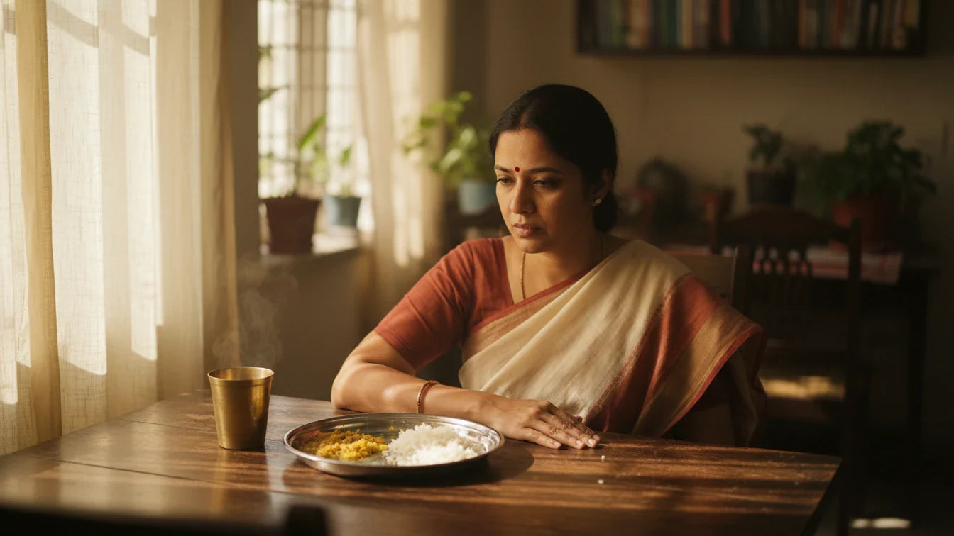 Woman feeling heavy after meal at dining table in Indian home, signs of agnimandya weak digestion