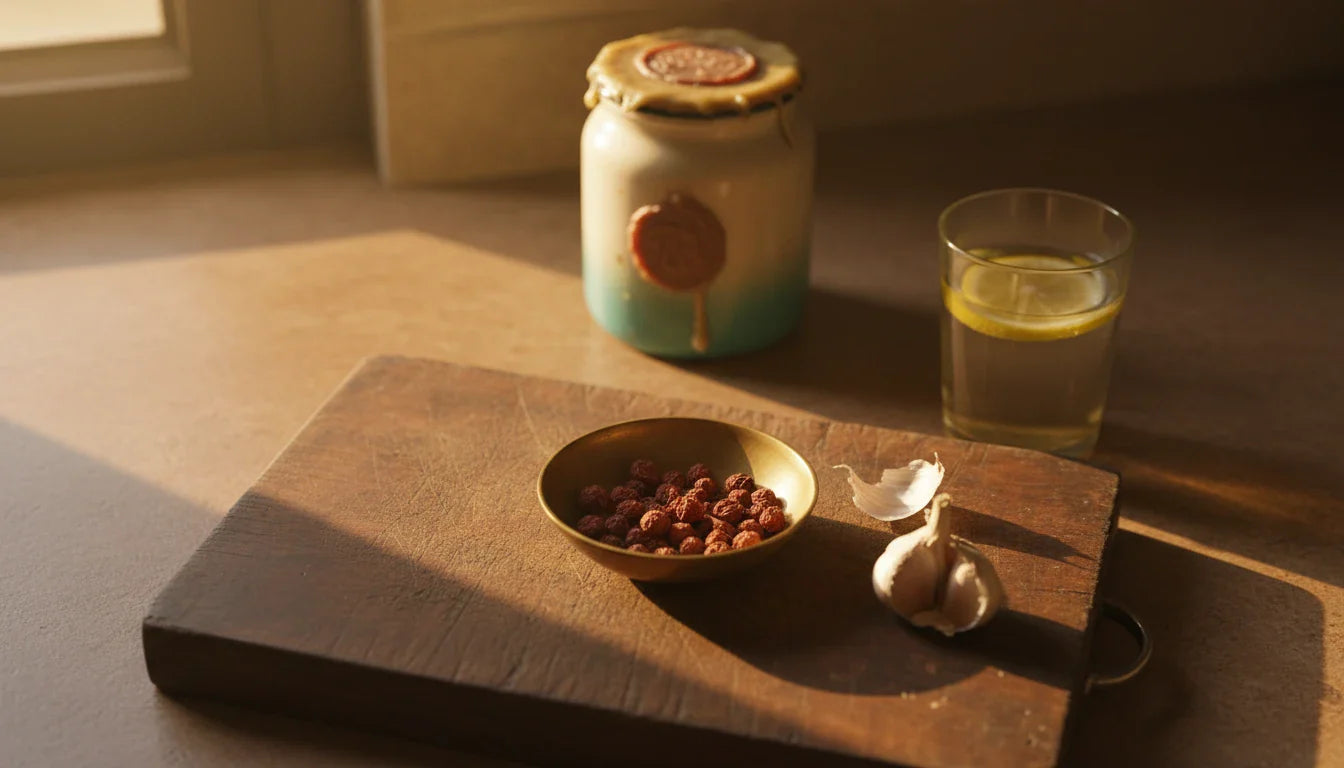 Indian kitchen at dawn with vidanga berries, garlic, and warm water for Ayurvedic intestinal worm cleanse