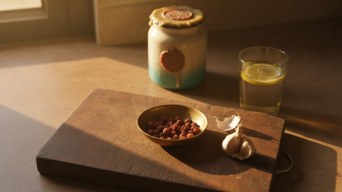 Indian kitchen at dawn with vidanga berries, garlic, and warm water for Ayurvedic intestinal worm cleanse