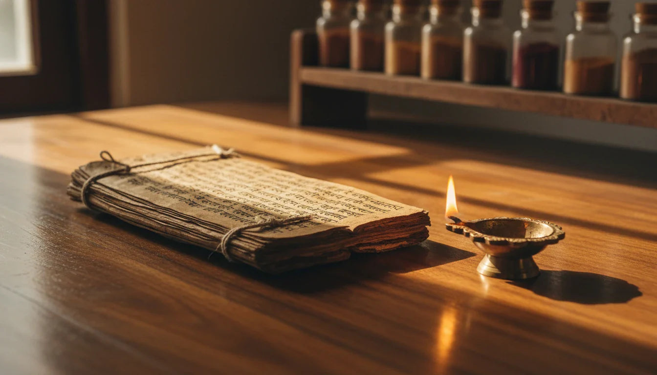 Open Sanskrit manuscript and brass diya in a traditional Ayurveda library — Chakradutta Pandu-roga chapter context