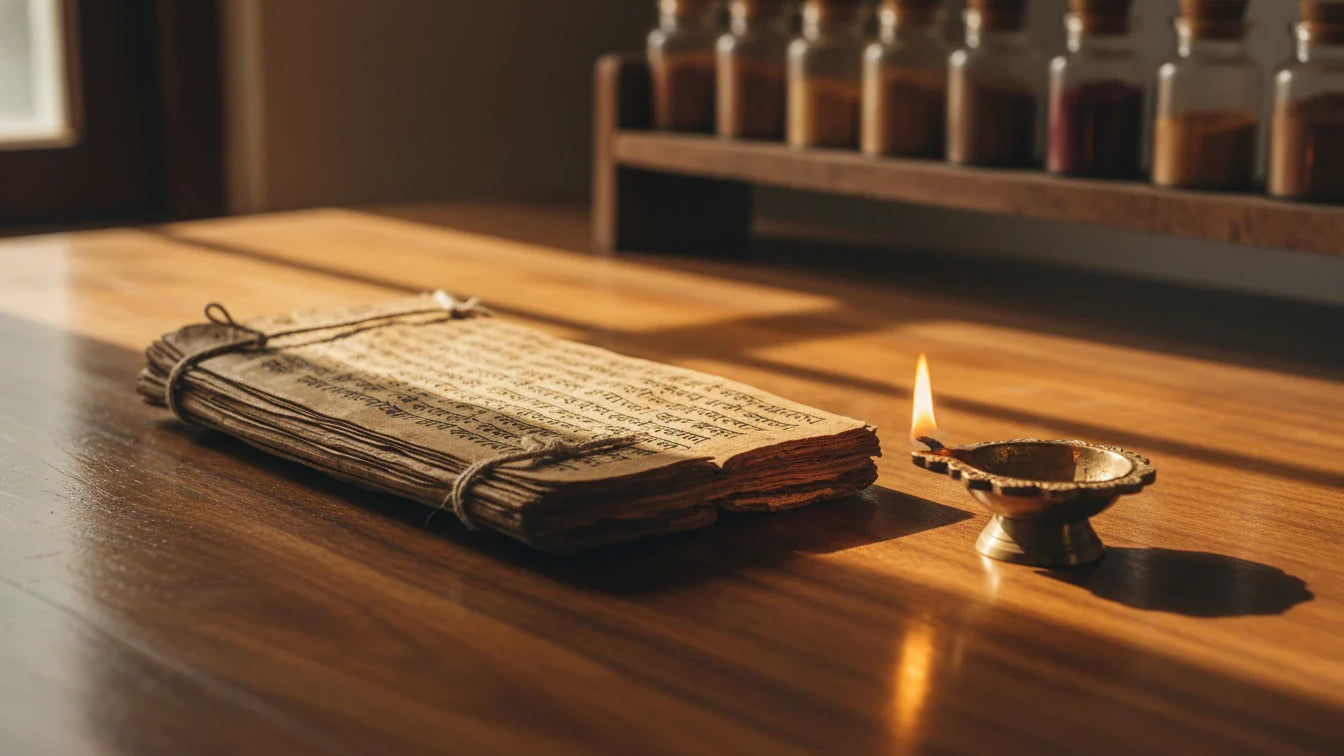 Open Sanskrit manuscript and brass diya in a traditional Ayurveda library — Chakradutta Pandu-roga chapter context