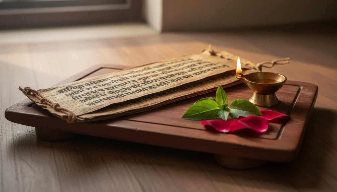 Ayurvedic palm-leaf manuscript with brass lamp and tulsi illustrating Chakradutta raktapitta bleeding disorders chapter
