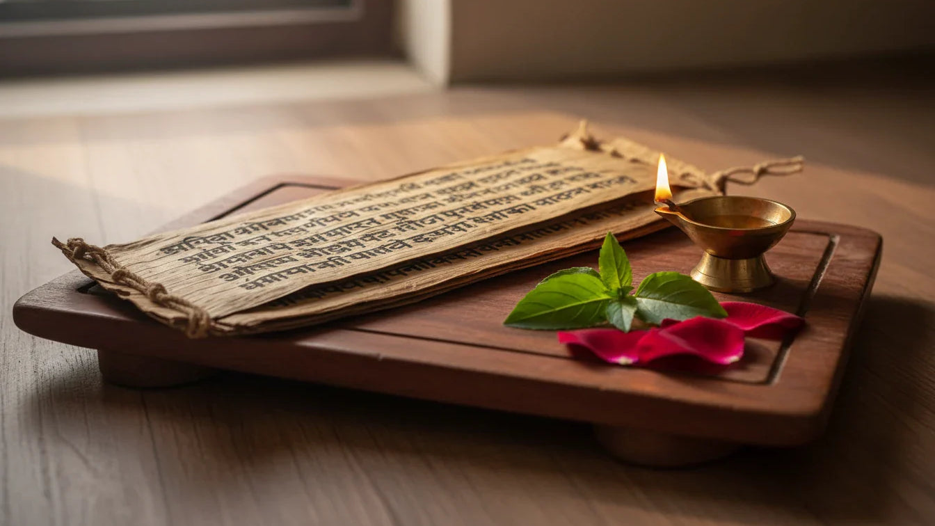 Ayurvedic palm-leaf manuscript with brass lamp and tulsi illustrating Chakradutta raktapitta bleeding disorders chapter
