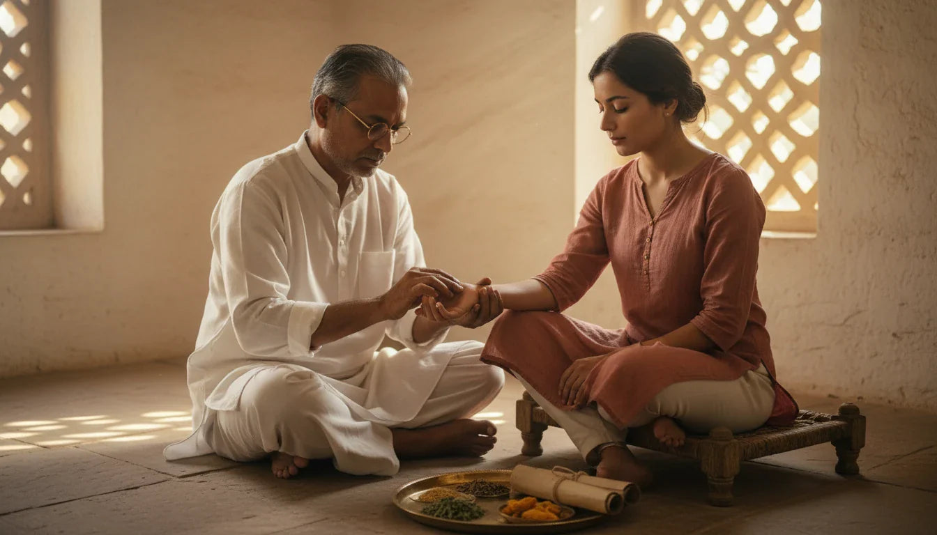 Indian vaidya checking pulse of young woman with cough at traditional Ayurvedic clinic, herbs and brass tray on wooden table