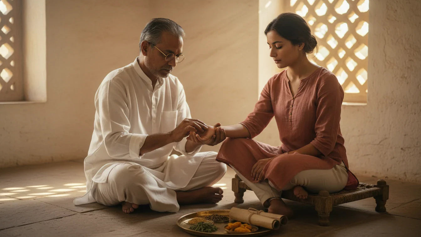 Indian vaidya checking pulse of young woman with cough at traditional Ayurvedic clinic, herbs and brass tray on wooden table
