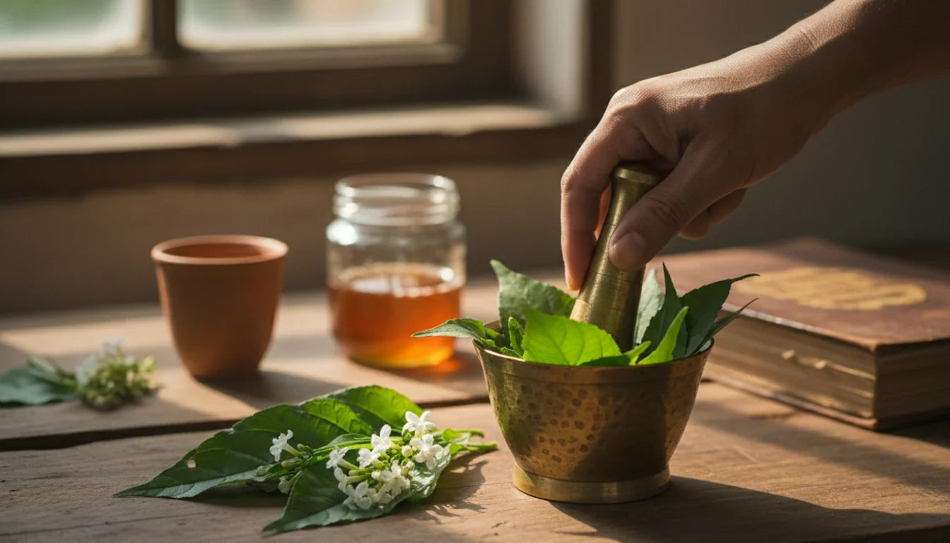 Fresh Vasa Adusa leaves and flowers in a brass mortar — Chakradutta's foundational herb for breathing and asthma.